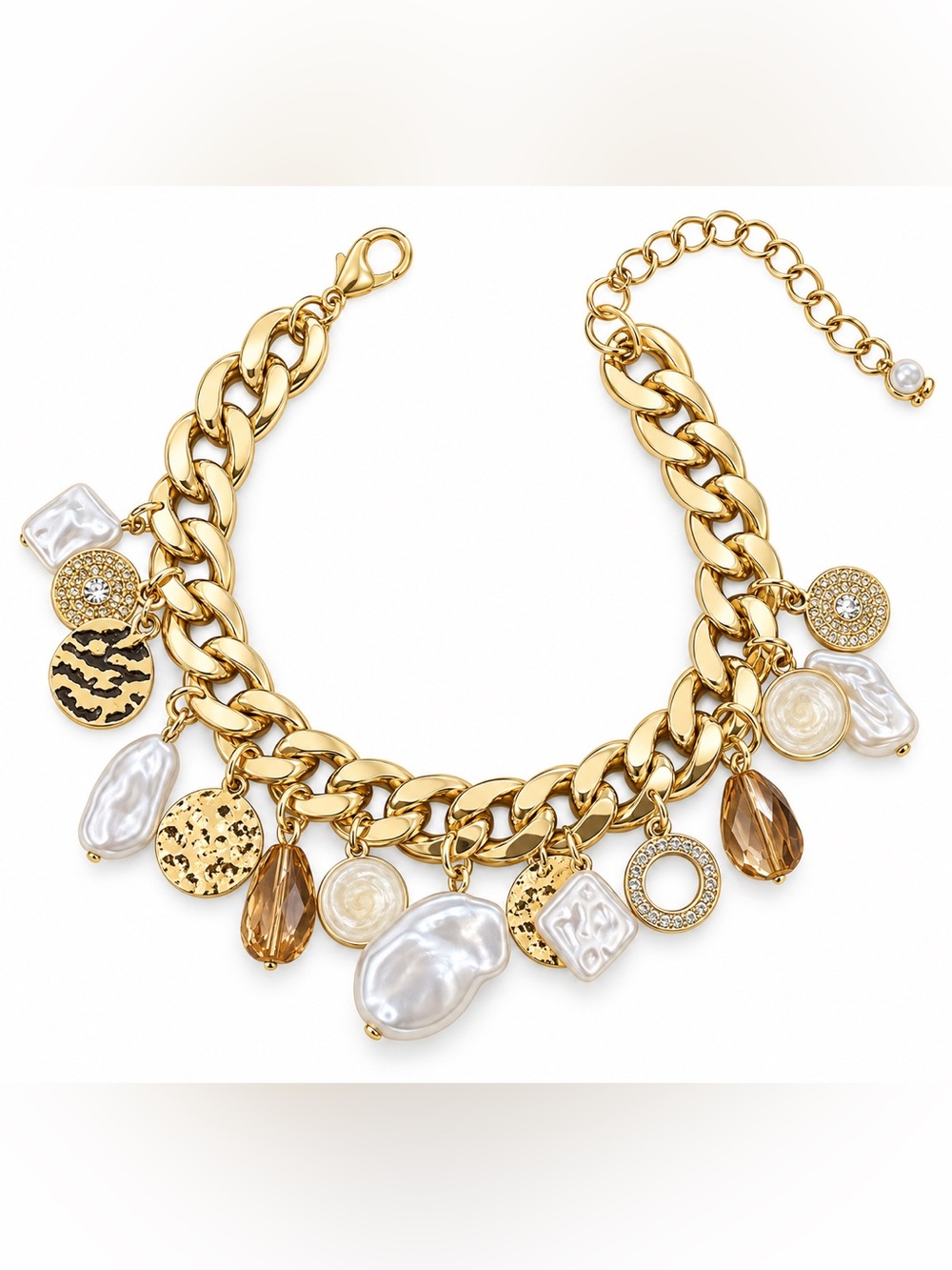 Fashion Jewelry Gold-Tone Charm Bracelet with Pearlescent and Amber Accents